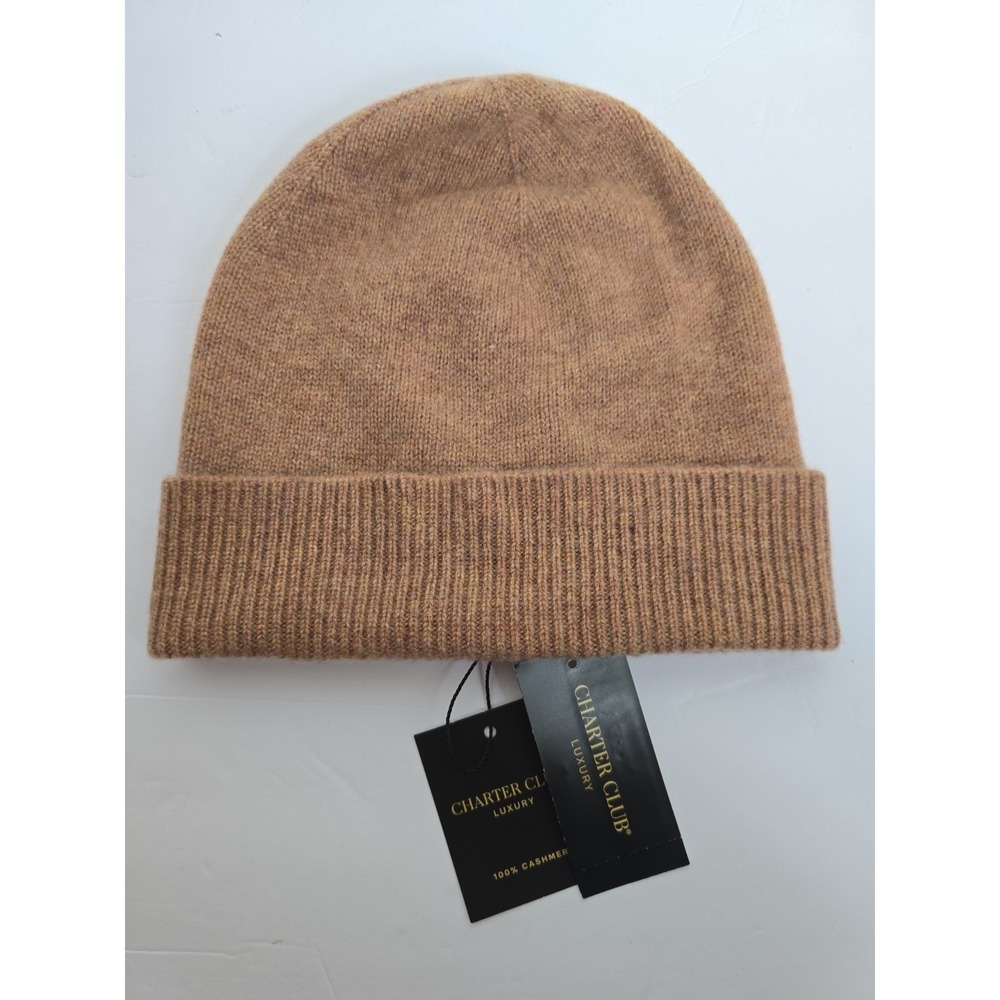 Charter Club Luxury 100% Cashmere Cuffed Beanie in Warm Praline Heather Hat NWT